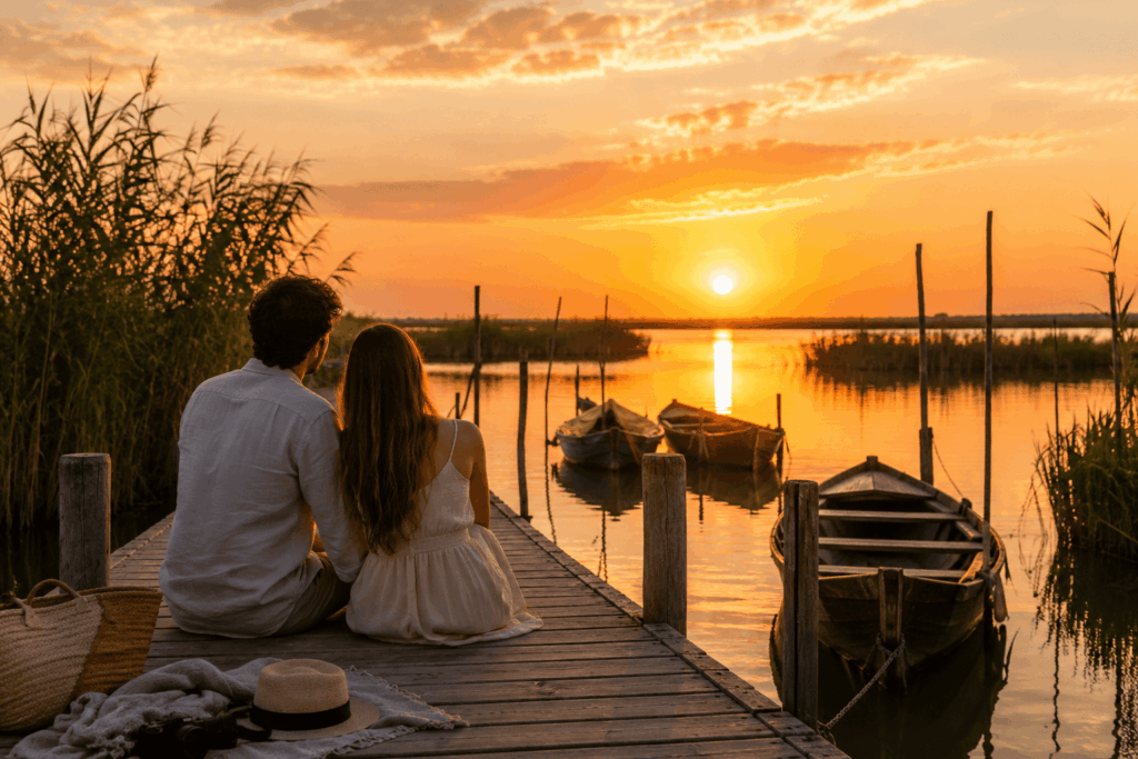Pareja contemplando el atardecer en la Albufera de Valencia junto a las barcas