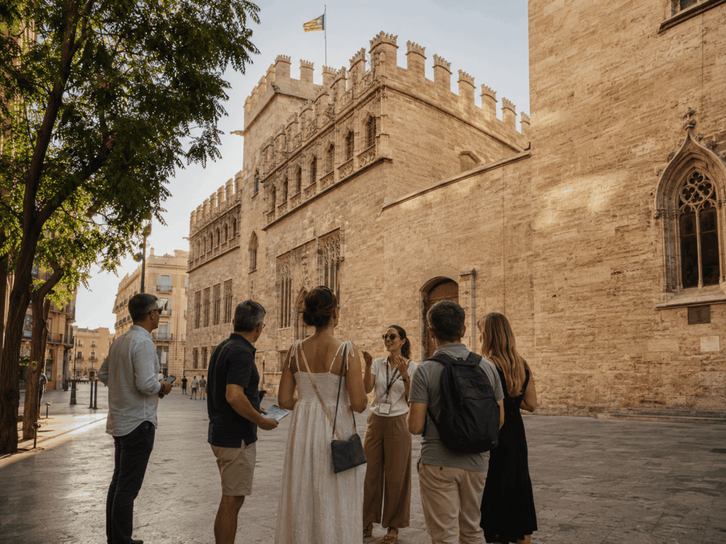 Turistas disfrutando de una visita guiada y experiencias culturales en Valencia