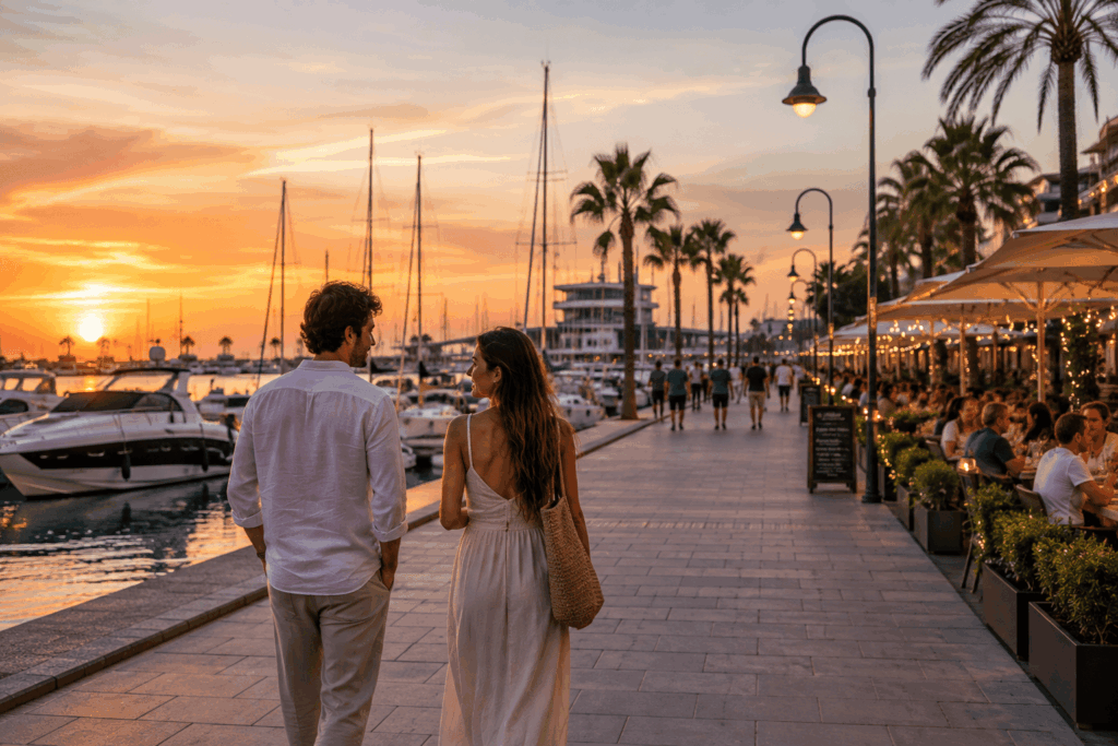 Pareja paseando por la Marina de Valencia al atardecer junto a barcos y restaurantes