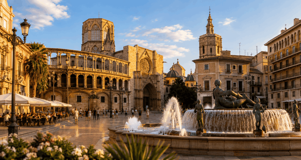 Centro histórico de Valencia con la Catedral, plazas monumentales y ambiente urbano al atardecer