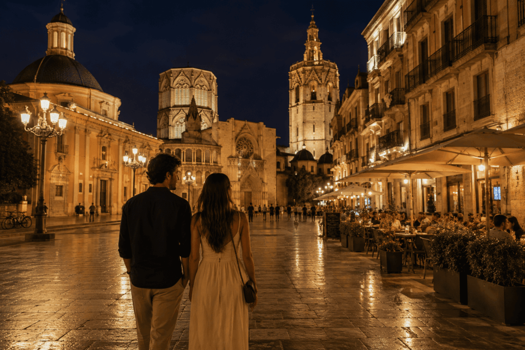 Pareja paseando de noche por el centro histórico de Valencia con la Catedral iluminada