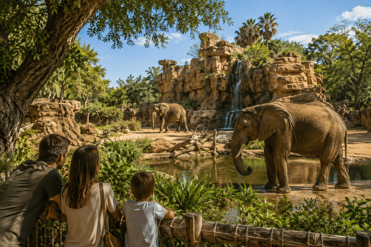 Familia observando elefantes en un entorno natural del Bioparc Valencia