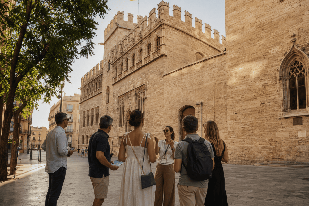 Turistas disfrutando de una visita guiada y experiencias culturales en Valencia