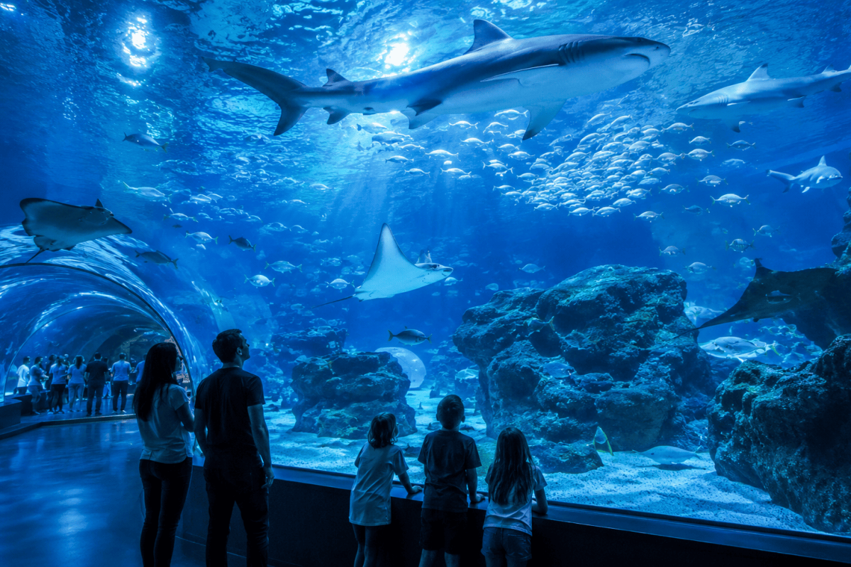 Gran acuario del Oceanogràfic de Valencia con visitantes observando la fauna marina