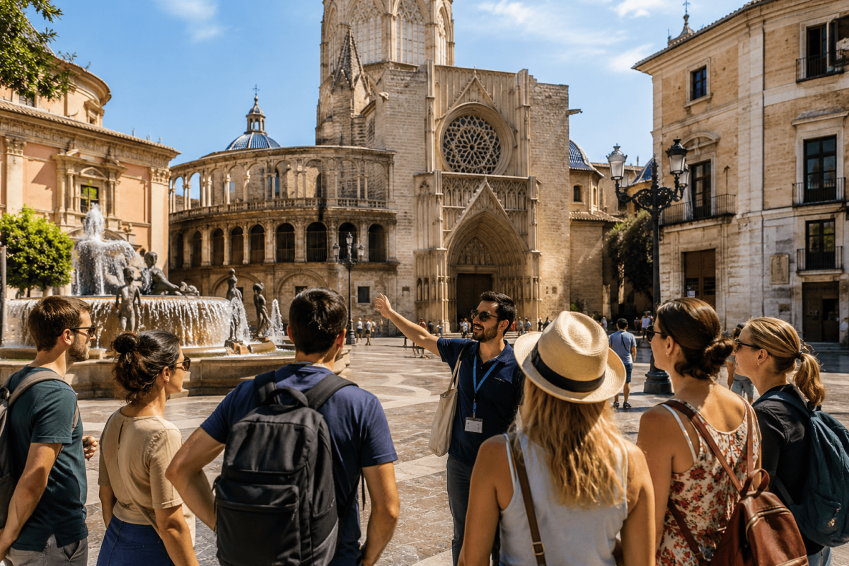Grupo de turistas realizando una visita guiada por el centro histórico de Valencia. Museos de Valencia